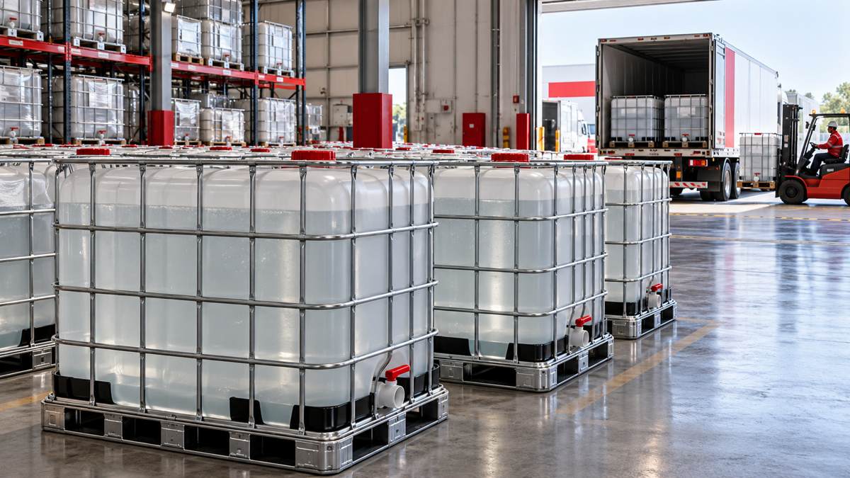 Representative IBC containers at a chemical warehouse loading area