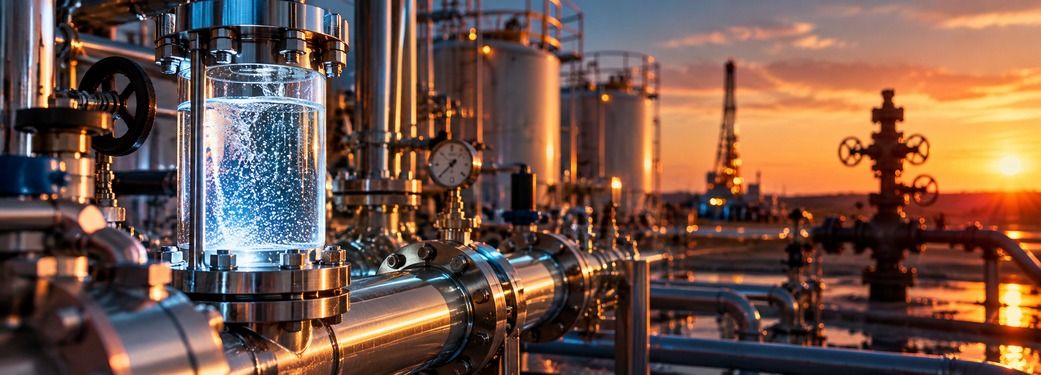 Completion and production operator standing among blue process pipelines