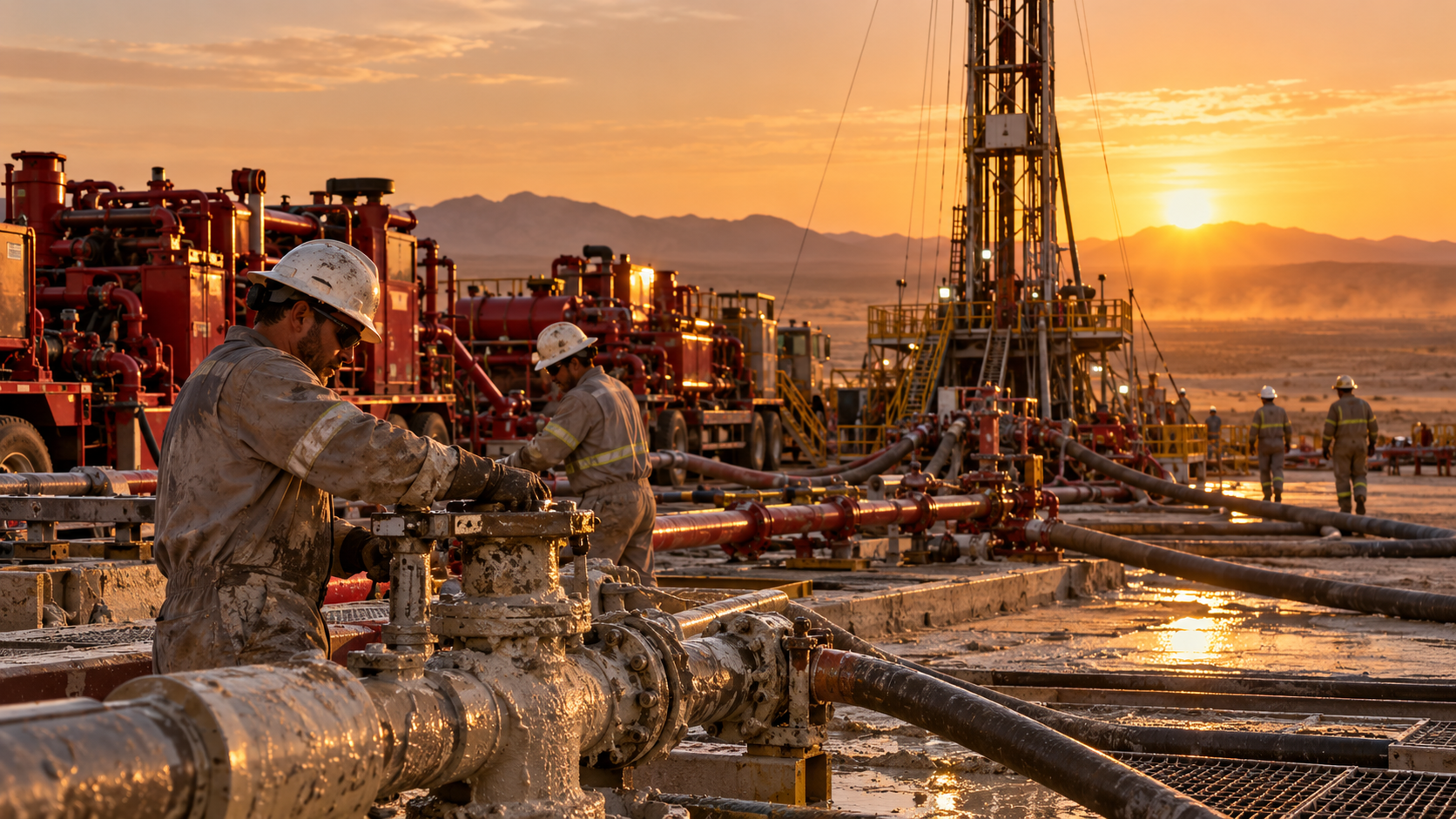 Cementing crew and pump equipment at an onshore wellsite in warm evening light