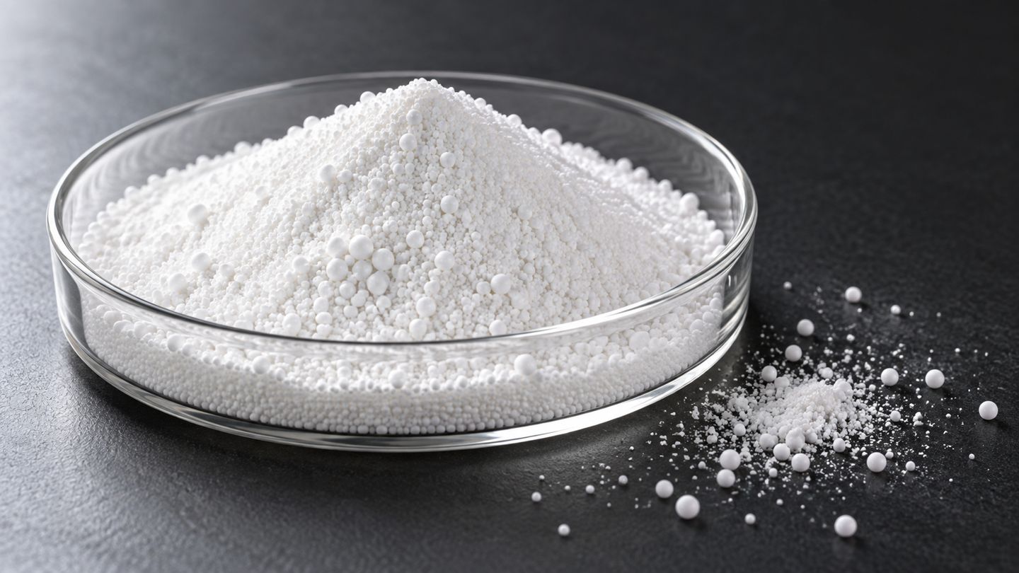 Illustrative white glass microsphere material in a glass dish
